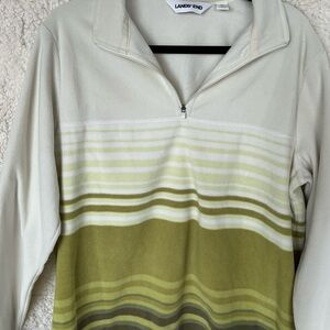 Lands' End Women's Cream and Olive Striped Half-Zip Sweatshirt
